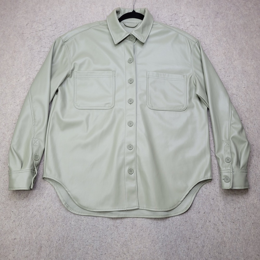 American Eagle Faux Leather Button Shirt‎ Sage Green Womens Small S Loose Fit